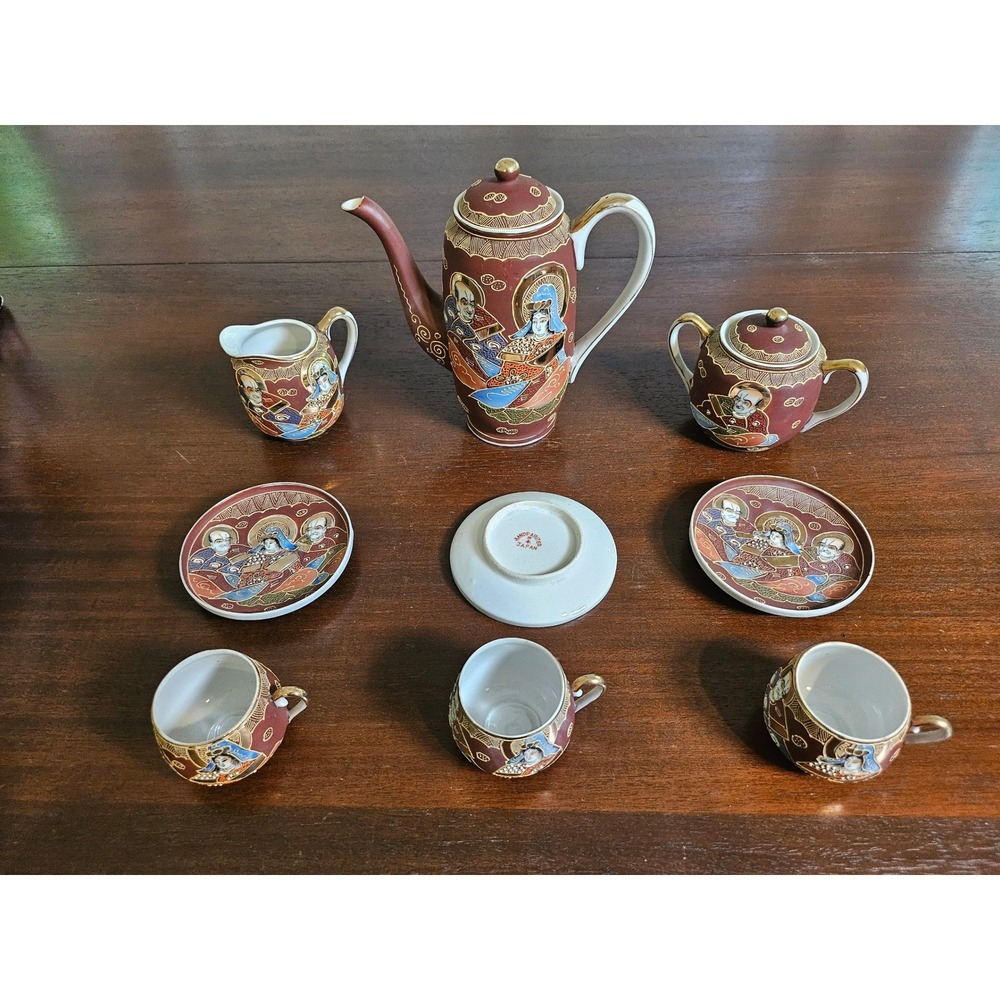 Hand Painted Tea Set Vintage Red Moriage Immortals Porcelain 9pc Set - Picture 6 of 9